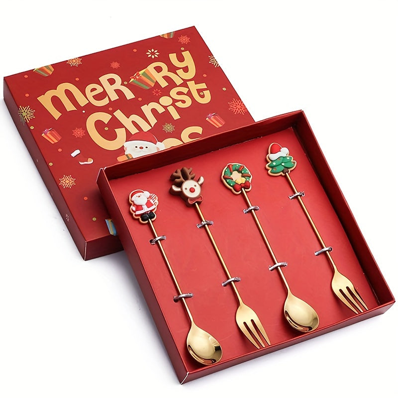 4/6Pcs Christmas Coffee Spoons Forks Set, Coffee Spoons, Stainless Steel Spoon Fork