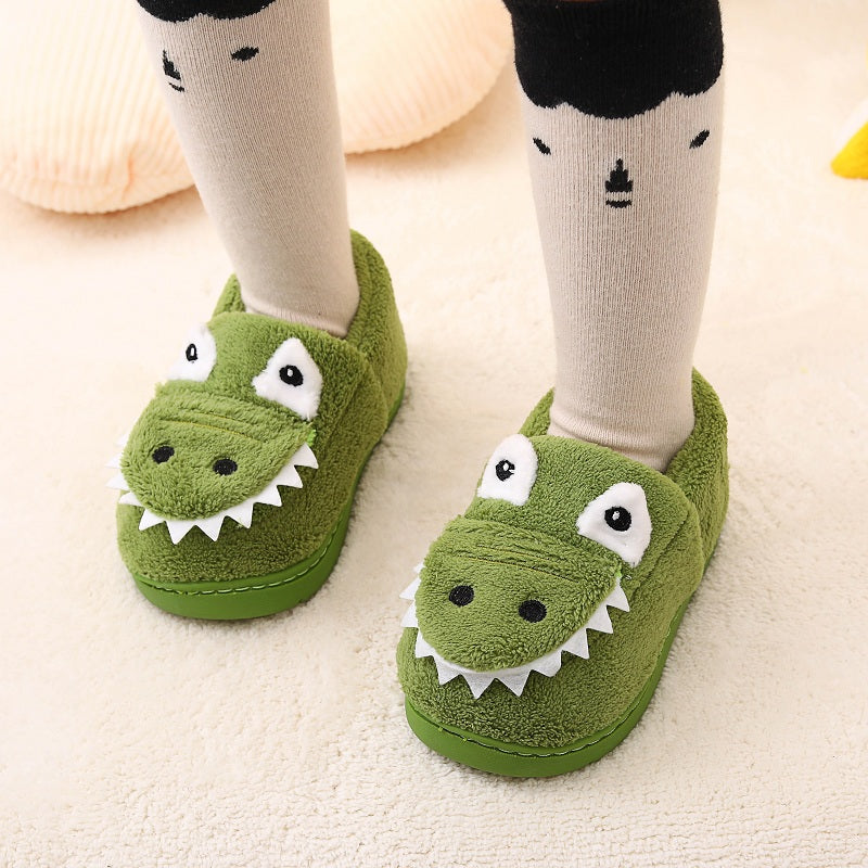 Boys' Dinosaur Slippers with Plush TPR Sole & Alligator/Crocodile Teeth - Warm Winter Indoor/Outdoor, Green & White Low-Top Easy Slip-On for, Cute Dino Footwear for Bedtime & Play