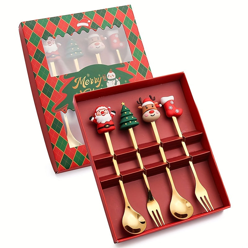 4/6Pcs Christmas Coffee Spoons Forks Set, Coffee Spoons, Stainless Steel Spoon Fork