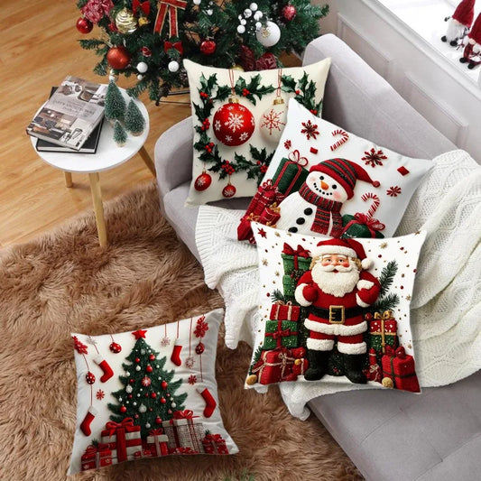Cartoon Snowman Print Throw Pillowcase Santa Cluas