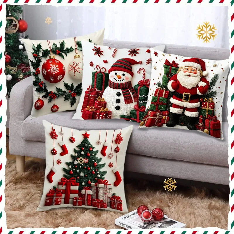 Cartoon Snowman Print Throw Pillowcase Santa Cluas