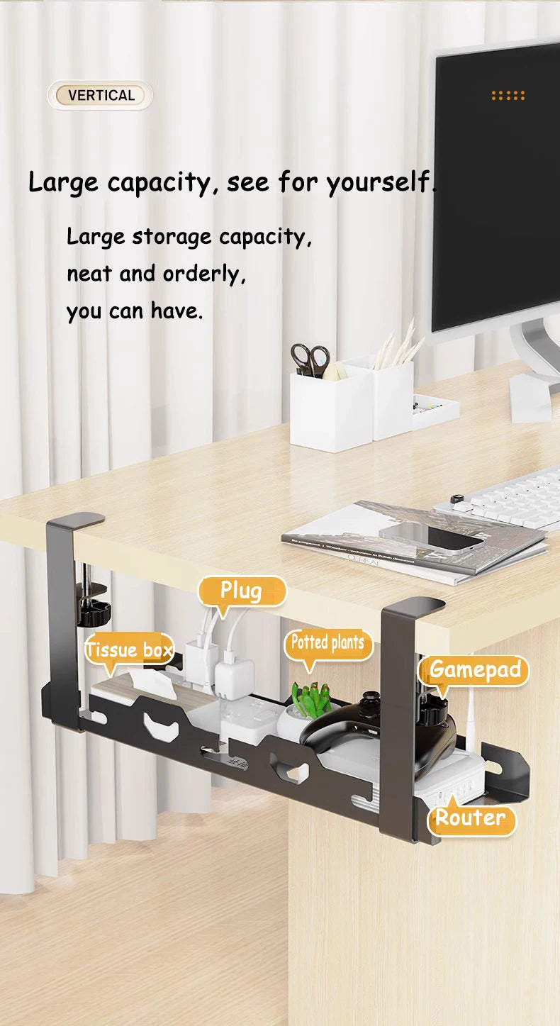 Telescopic Under Table Storage Rack Metal Cable Management Tray Home Office Desk Wire Organizer No Punching Storage Accessories