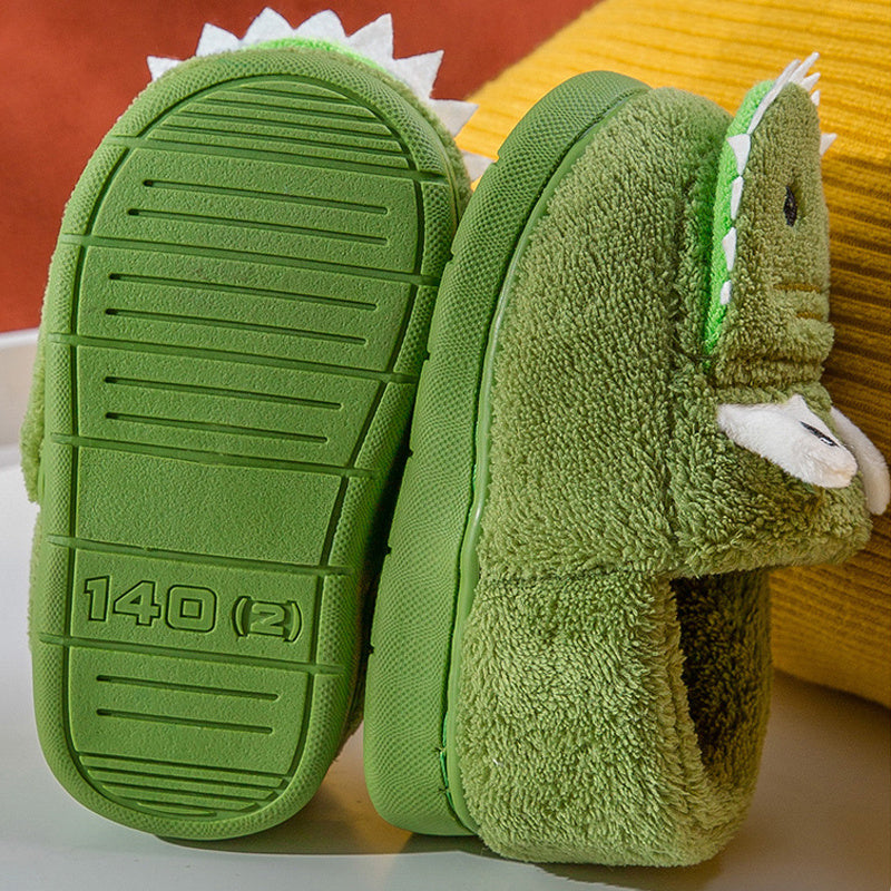 Boys' Dinosaur Slippers with Plush TPR Sole & Alligator/Crocodile Teeth - Warm Winter Indoor/Outdoor, Green & White Low-Top Easy Slip-On for, Cute Dino Footwear for Bedtime & Play